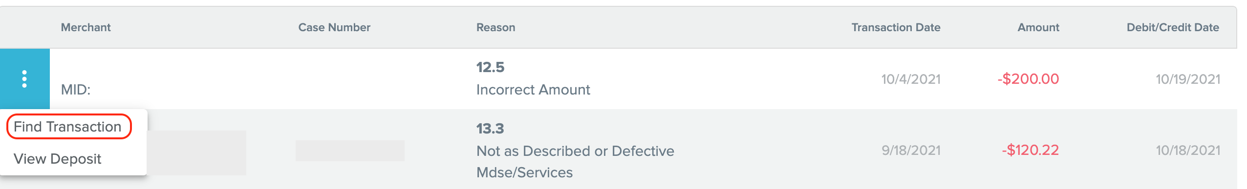 Find Transaction option in the Chargebacks Report