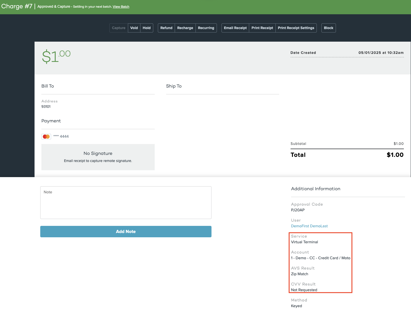 Complete PayJunction Transaction Details page