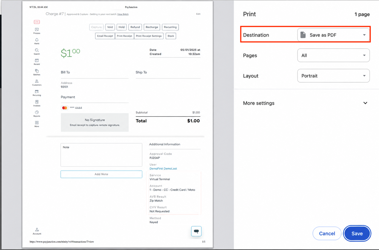 Browser print window with Save as PDF selected