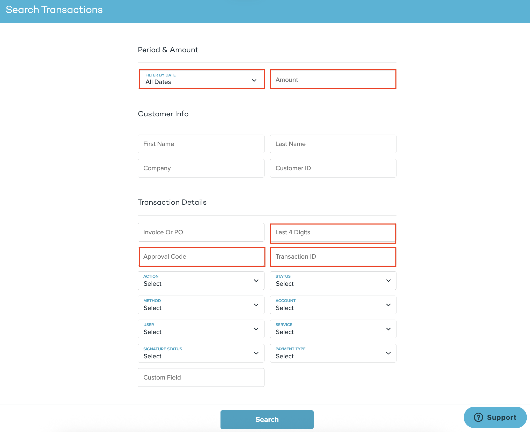 PayJunction transaction search fields
