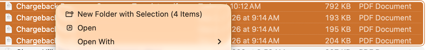 Selected PDF files in Finder with the right-click menu open